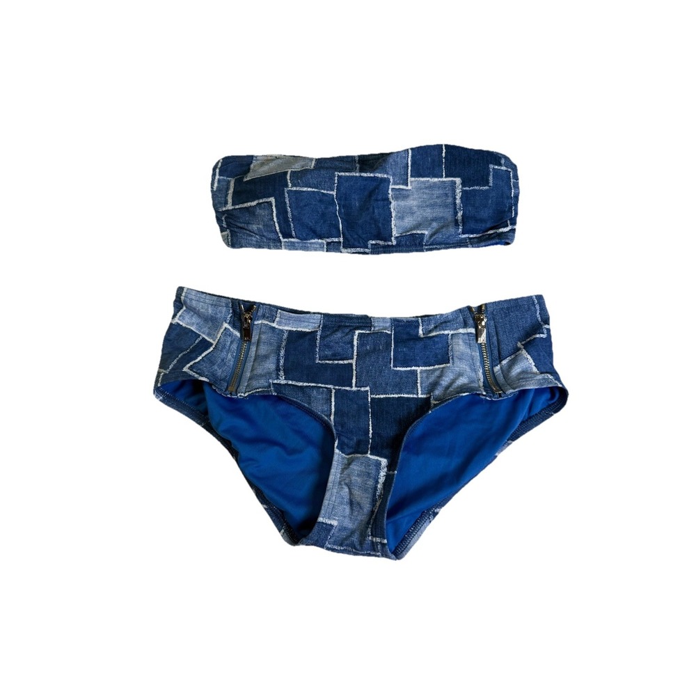 Michael Kors Bikini Set Women S Blue Excellent Denim Patchworkā Zipper Bandeau